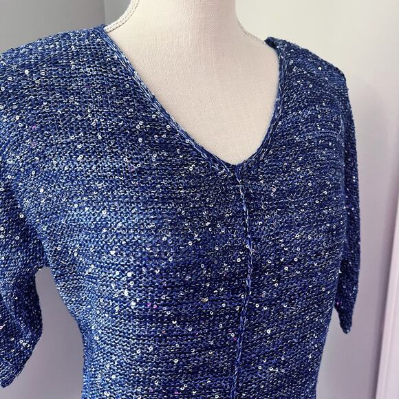 Halston Blue Silver Sequin Sweater - Picture 5 of 7